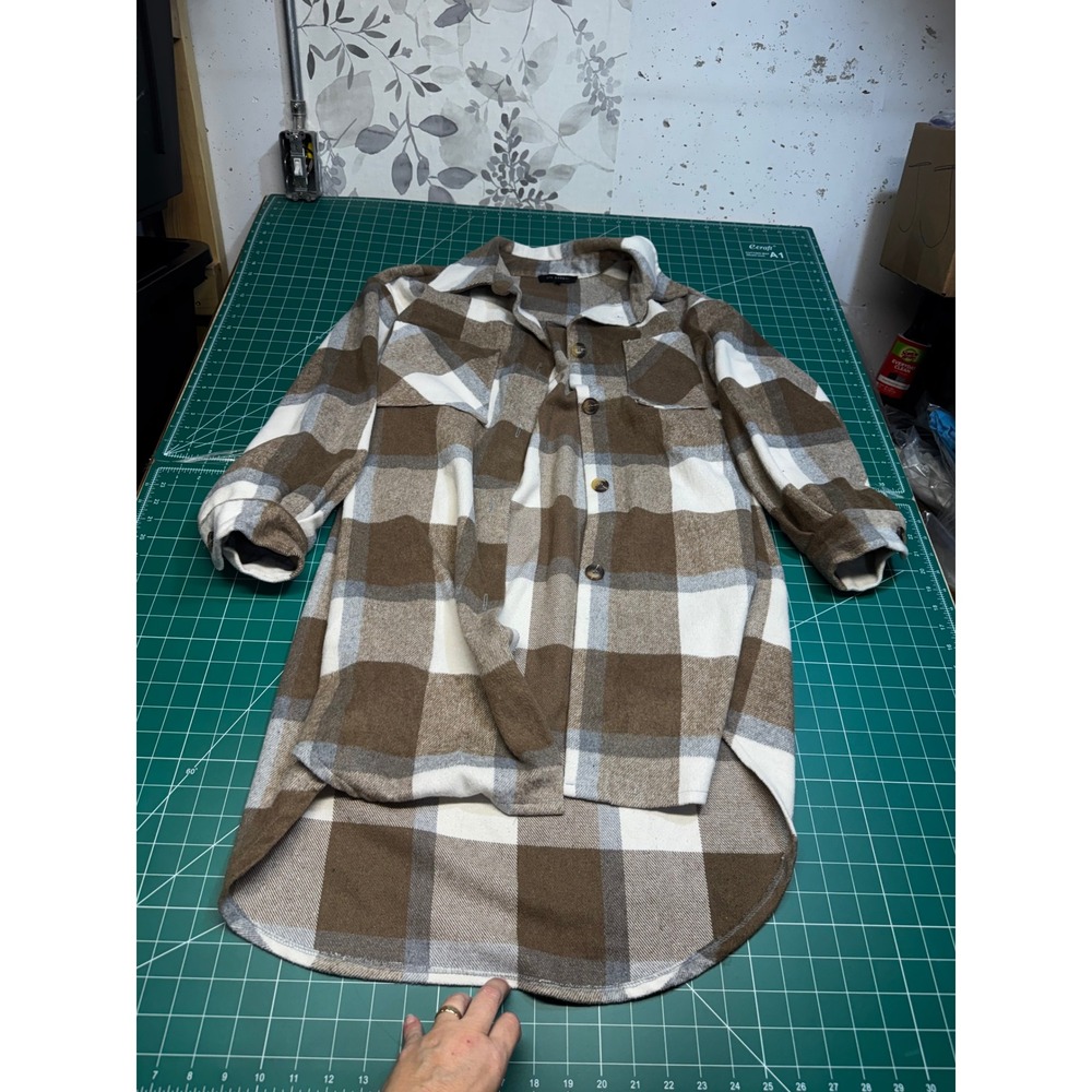 Blu Pepper Womens Brown Plaid Longline Flannel Shacket Shirt Jacket Large